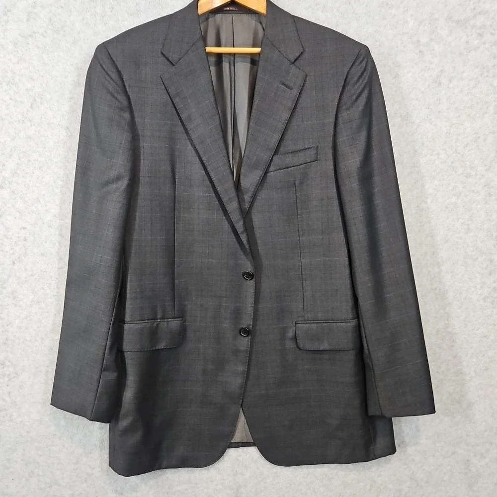 Hickey Freeman 42L Plaid Dark Grey 100% Worsted Wool Jacket Blazer Sport Coat